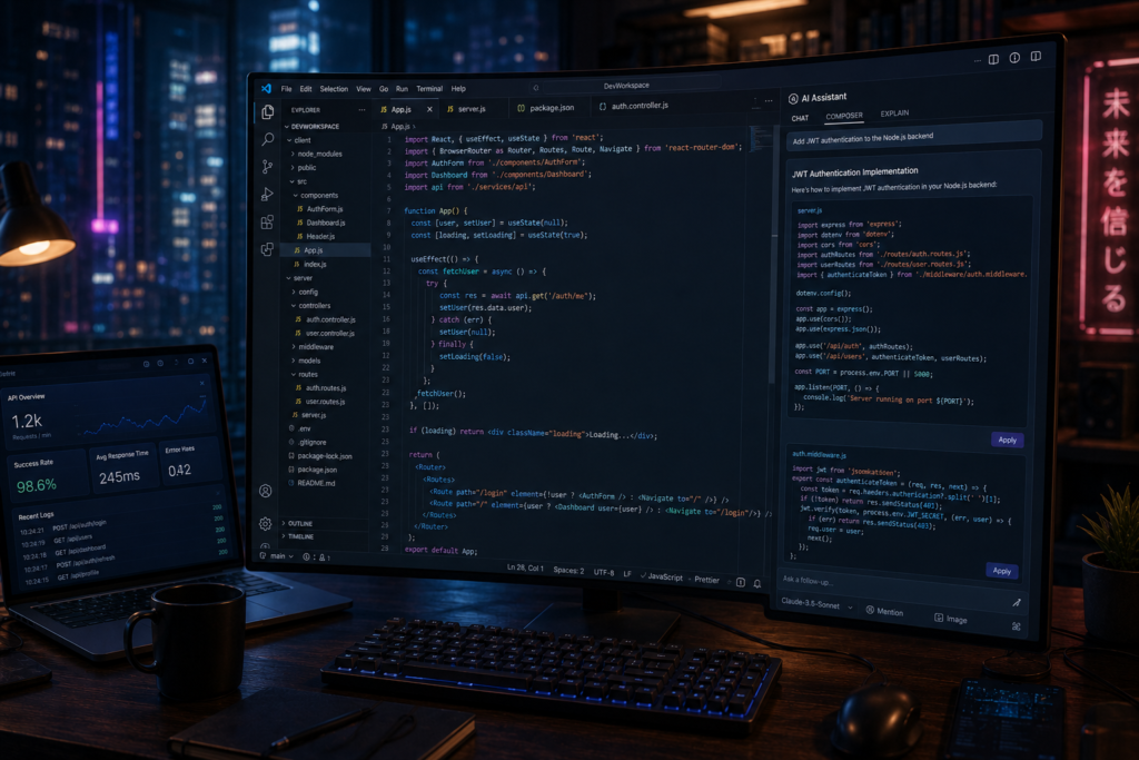 VS Code with advanced AI coding assistant generating