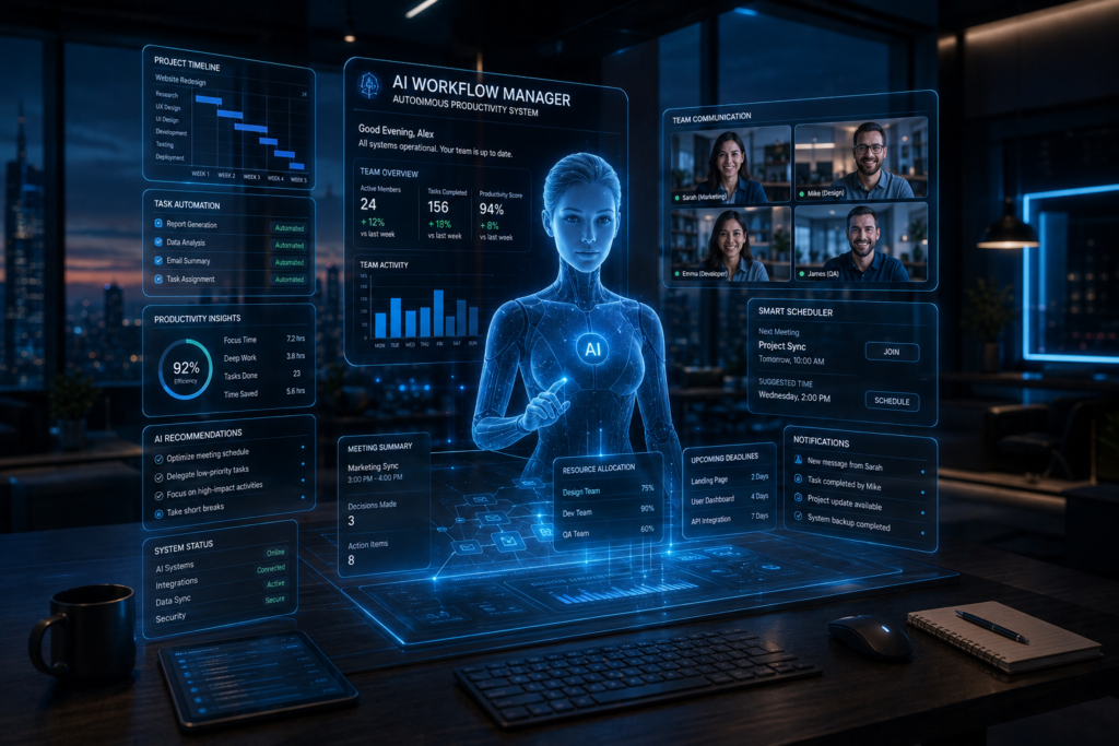 Futuristic AI-powered office workflow station