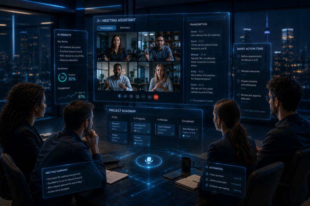 Futuristic boardroom with AI integration