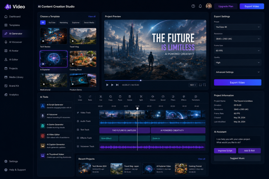 Futuristic AI video editing dashboard