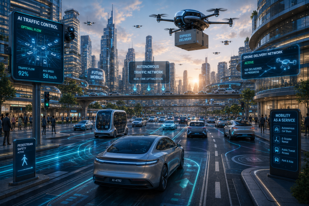 Smart city at dusk with autonomous traffic