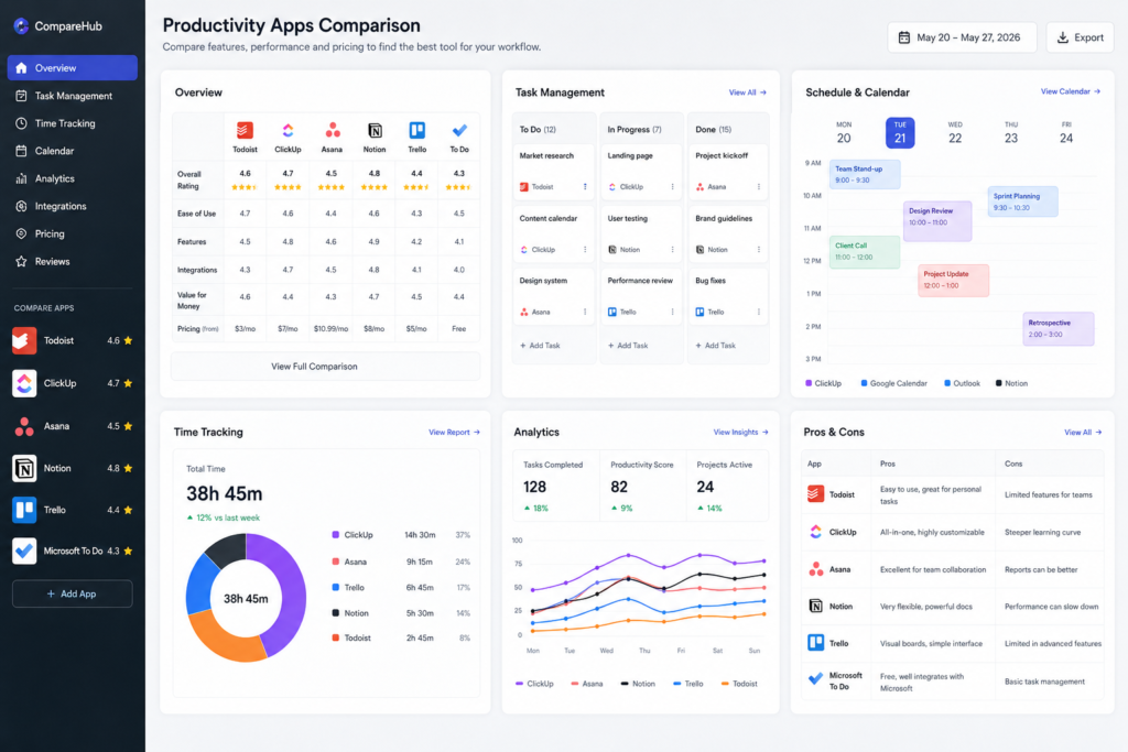Productivity app comparison dashboard