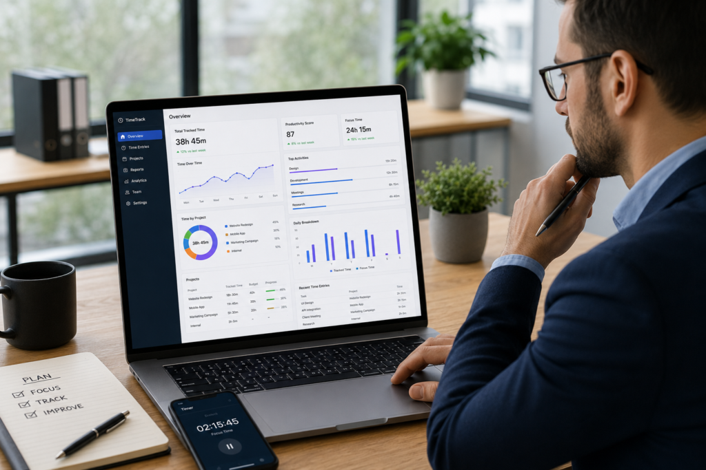 Modern office workspace with productivity dashboard