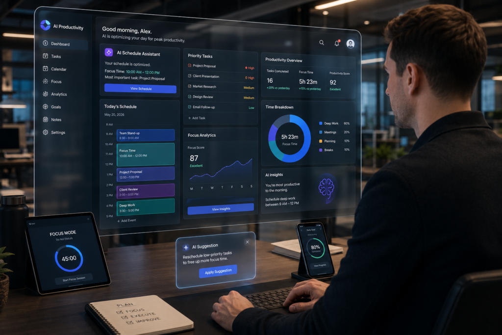 Futuristic office with AI productivity setup