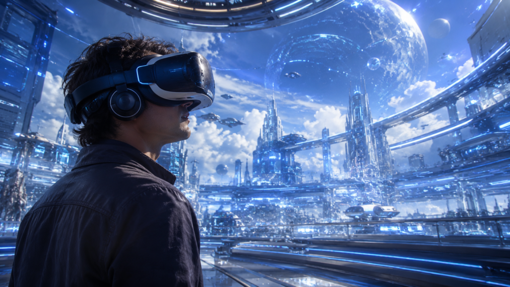 Futuristic cityscape under cosmic skies