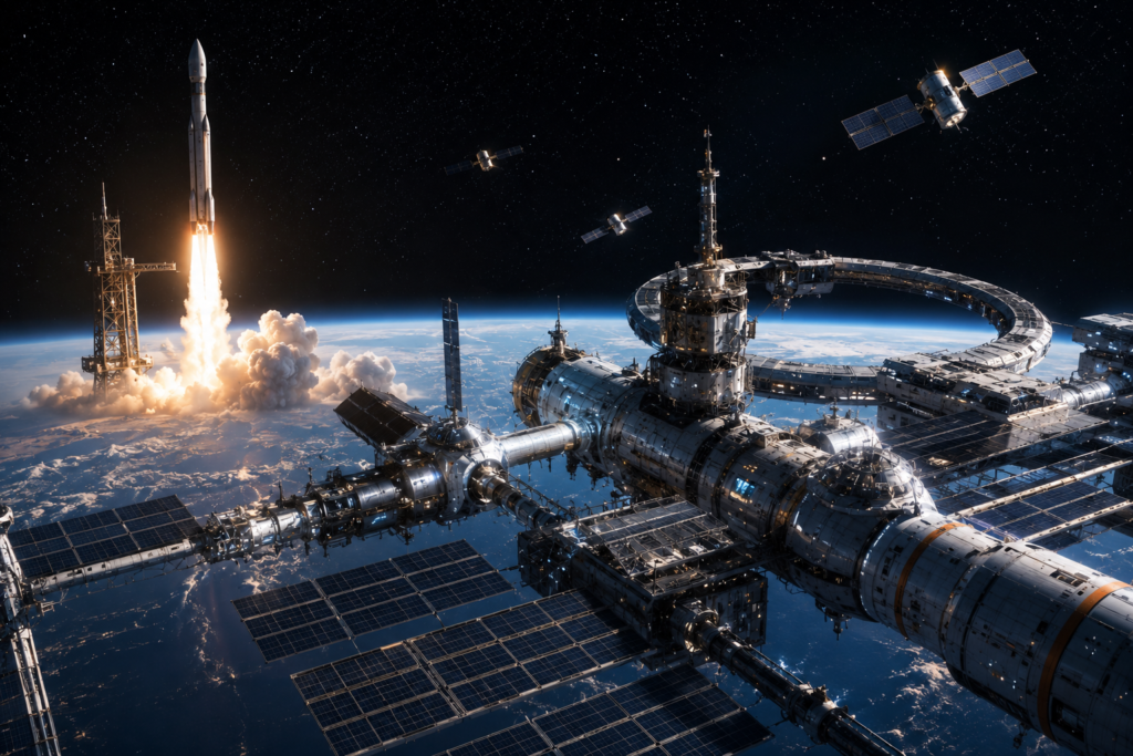 Futuristic space station and rocket launch