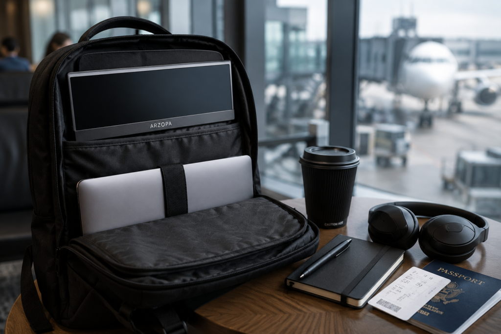 Airport lounge workspace with travel essentials