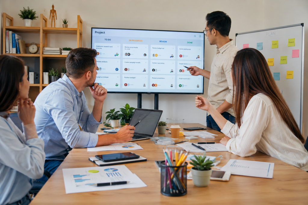 Team collaboration in modern office setting