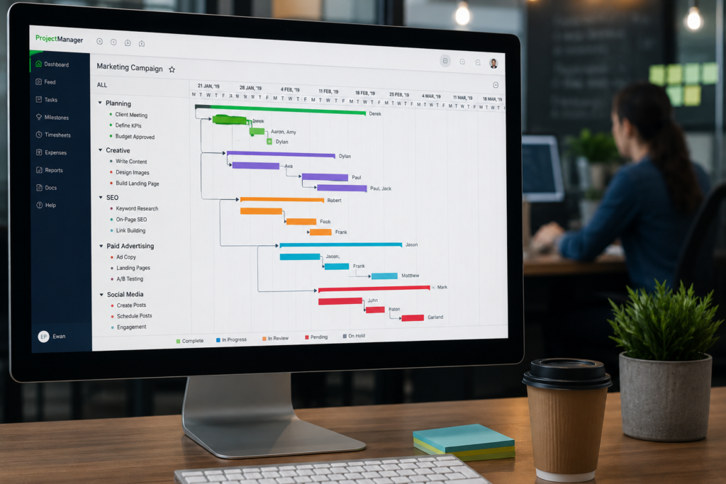 Modern office setup with project timeline