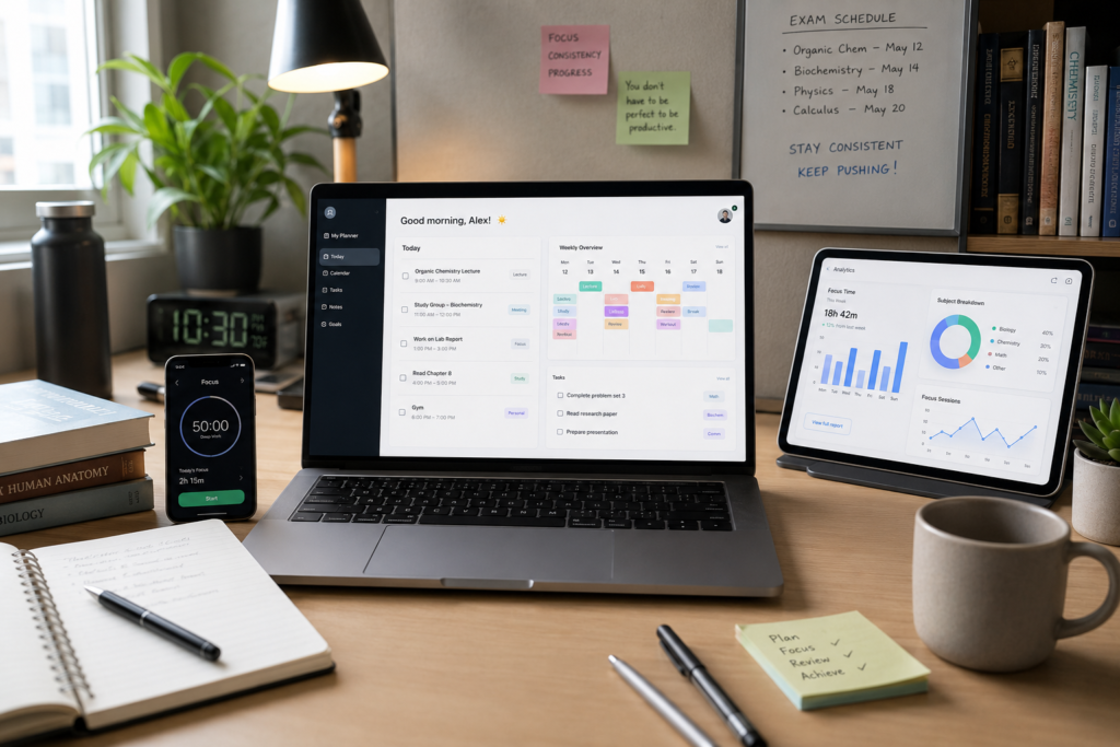 Modern study desk with productivity tools