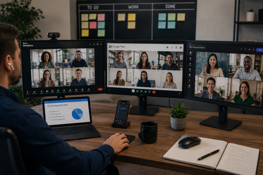 Remote work meeting setup with screens